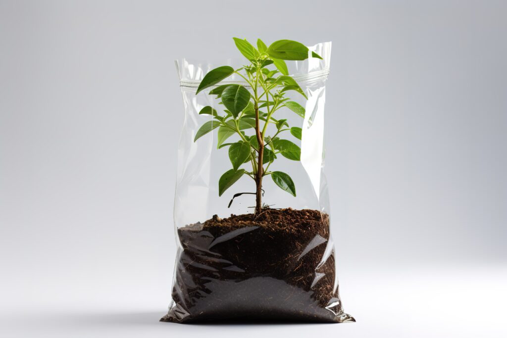 A single green plant is growing inside a clear plastic bag filled with soil. The plant is centered in the bag, and its leaves are visible through the clear plastic. The background is a plain white surface.